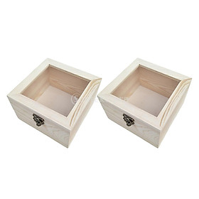 2x Natural Plain Wooden Box Unpainted Wood Storage Case Glass Lid 9x9x4.5cm