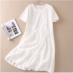 Đầm nữ dáng suông dài màu trắng cổ tròn vải kate cao cấp phong cách ttrẻ trung Haint Boutique Da213
