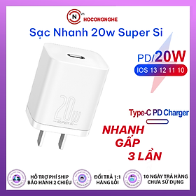 Bộ sạc nhanh 20W USB Type C Baseus Super SI Quick Charger QC3.0 cho iPhone 12 (1C, 20W, Chân dẹt) - Hàng chính hãng