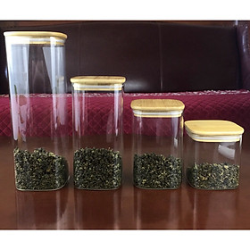 Mua BỘ 4 LỌ THUỶ TINH LẮP GỖ HÌNH VUÔNG