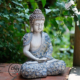 Tượng Phật Thích Ca Áo Hoa Xanh Thiền Định Bằng Composite Trang Trí Nhà Cửa, Ngoài Trời, Sân Vườn