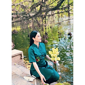 Đồ Lam Nữ Đi Chùa - Bộ Đi Lễ Chùa 2AL001 Trang Nhã Thêu Hoa Cổ Trụ Dành Cho Phật Tử