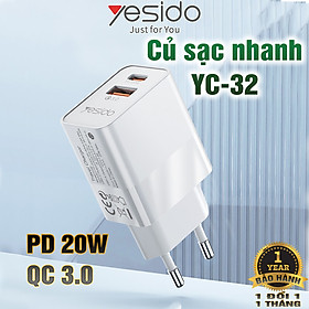 Củ sạc nhanh chuẩn kép PD20W và QC3.0 Yesido YC-32 công suất 20W - Hàng chính hãng