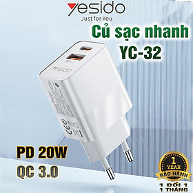 Mua Củ sạc nhanh chuẩn kép PD20W và QC3.0 Yesido YC-32 công suất 20W - Hàng chính hãng