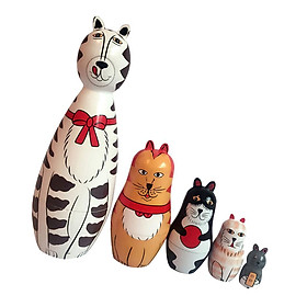Set of 5pcs Painted Wooden Cat Family Nesting Dolls Matryoshka Russian Doll Kids Gift