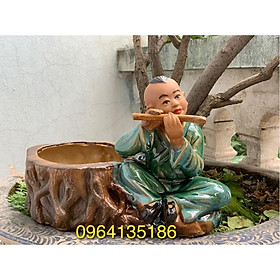 Mua Tượng chú bé thổi sáo men xanh đồng bên chậu cây gốm sứ Bát Tràng