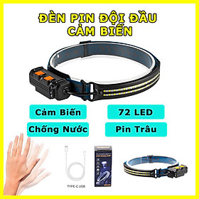 Đèn pin đội đầu siêu sáng 62 Led cảm biến bằng tay, chống nước IPX6, pin trâu, đèn đeo trán pha rộng sạc điện Type-C USB