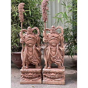 Tượng quan công cầm đao đứng trên đầu hổ phù bằng gỗ hương đá kt cao 80×29×19cm