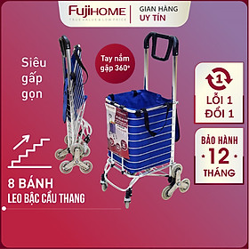 Xe kéo đi chợ leo cầu thang 8 bánh Nhật Bản Fujihome 60kg, xe đẩy hàng đi chợ gấp gọn có giỏ túi đa năng inox mini market trolley