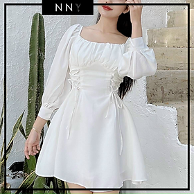 [NNY CLOTHING] Váy xòe nhún ngực tay dài đan dây cực tôn eo - GOM DRESS - V079