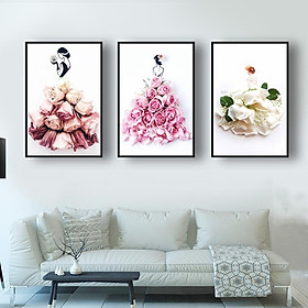 Mua Tranh Canvas Treo Tường Hiện Đại _ Tranh Bộ 3 Cô Gái Mặc váy Hoa Hồng Đẹp
