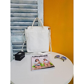 Túi tote vải canvas phối quai xách_ trắng