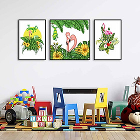 Bộ 3 tranh canvas treo tường Decor Họa tiết hoa lá và hông hạc - DC139