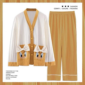 Bộ Ngủ Dài Tay Pyjama Cổ Chữ V 2 Túi Chất Liệu Cotton