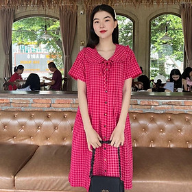Đầm bầu karo cổ bèo thắt nơ dáng suông dễ thương, trẻ trung, năng động Nữ Women - Hồng sen