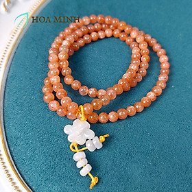 Vòng tay phong thủy đá Mặt Trời Sunstone chuỗi 108 hạt 6 li mix charm Cát Tường Bạch Ngọc, đá Cẩm Thạch bánh xe - 16-17.5cm