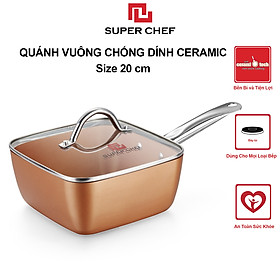 Nồi Chống Dính Ceramic Vuông  Cán Dài Super Chef Cao Cấp Siêu Bền Bỉ Không Bong Tróc, Chống Ăn Mòn, Đảm Bảo An Toàn Sức Khỏe Kèm Nắp Kính ( Size 20, 24cm)