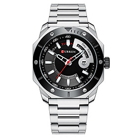 Đồng hồ thời trang nam Curren hiển thị ngày tháng, dây bằng thép không gỉ, chống thấm nước 3ATM-Màu Bạc đen-Size Dây đeo thép