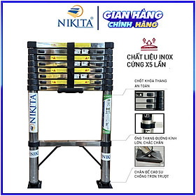 Thang nhôm INOX rút đơn xếp gọn 2,6m - 5.9m gấp gọn Nhập Khẩu NIKITA - chịu lực tới 150kg