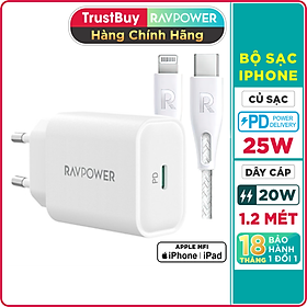 Combo Củ Sạc Nhanh 25W RAVPower RP-PC156 Và Cáp Type-C to Lightning MFI Dây Nylon Siêu Bền Dài 1.2M RP-CB1004 Sạc Nhanh Đến 20W Cho iPhone, Cho iPad - Hàng Chính Hãng