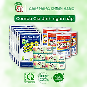 Combo PONYO gia đình ngăn nắp: 5 lốc Giấy vệ sinh, 5 hộp Khăn giấy lụa và 5 cuộn Khăn giấy lau bếp - Thiên An Nam paper