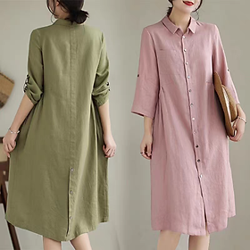 Váy đầm sơ mi Đũi Việt dáng dài tay lỡ, váy công sở đi làm thanh lịch chất Linen cao cấp