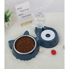 Bát ăn đôi hình tai mèo lõi inox kèm bình nước tự động cho chó mèo