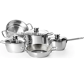 Mua Bộ 5 Nồi Inox 3 Đáy Chảo Xửng Hấp Quánh Nắp Kính DA-08IG Dùng Mọi Bếp - Hàng Chính Hãng
