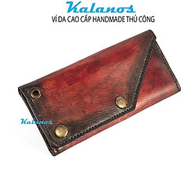 Bóp Ví dài cầm tay đẹp cao cấp handmade, được làm thủ công từ da bò Kalanos KBN3290-Nau, Ví dài nam nữ màu nâu đỏ phối đen