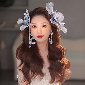 Cài tóc cô dâu màu xanh lưu ly tặng kèm hoa tai mẫu tháng 11/2023