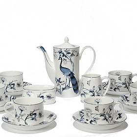 Bộ tách trà Sứ xương 15 món Bone Porcelain 15H (Bình 600ml, tách 200ml) (Nhiều hoa văn)