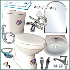 Combo thiết bị nhà tắm GRMT02 10 món: Bồn cầu 2 khối xả nhấn-Lavabo treo tường- Vòi sen tắm lạnh inox 304 tăng áp kèm full bộ phụ kiện nhà tắm sang trọng