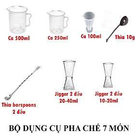 Combo 7 món cho bộ dụng cụ pha chế chuyên nghiệp (ca 500-200-100ml, thìa 10g, thìa inox 2 đầu, zick nhựa 10/20-20/40ml)