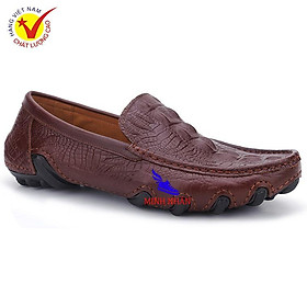 Giày mọi nam da bò nguyên tấm BẢO HÀNH 1 NĂM Giày lười nam hàng hiệu đẹp da bò giá rẻ dập Vân cá sấu M-8 màu nâu