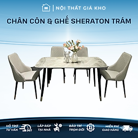 Bàn ăn mặt đá ceramic bóng màu trắng bóng, màu ghi bóng, màu pandora bóng kết hợp ghế sheraton trám