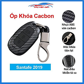 Ốp vỏ bọc chìa khóa xe Santafe 2019 sợi nhựa cacbon kèm móc treo Inox
