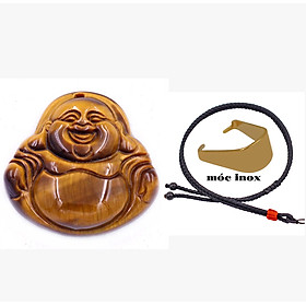 Mặt Phật Di lặc đá mắt hổ vàng đen 2.9 cm kèm vòng cổ dây dù đen + móc inox vàng, mặt dây chuyền Phật cười