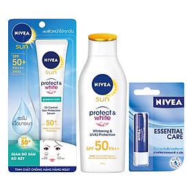 Combo Nivea: Serum Chống Nắng Dưỡng Trắng Và Kiểm Soát Nhờn 86060 (30ml) + Sữa Chống Nắng Và Dưỡng Trắng Da Toàn Thân SPF50 PA++ 85797 (50ml) + Son Dưỡng Ẩm 85061 (Tặng Khăn Tắm Nivea)