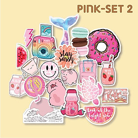 Bộ 20 sticker Pink tone nhãn dán màu hồng pastel trang trí mũ bảo hiểm, đàn, guitar, ukulele, điện thoại laptop