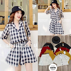 Sét bộ caro áo cổ vest phối chân váy xòe xếp ly Cao Cấp