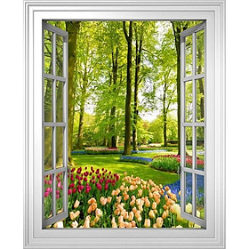 Tranh dán tường cửa sổ 3D khổ dọc cảnh vườn hoa 0033-D