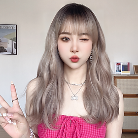 C0306 Tóc giả nguyên đầu xoăn đũa Hàn Quốc màu nâu sữa