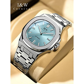 Đồng hồ nam chính hãng I&W CARNIVAL 750G1-T4 hàng mới fullbox, Kính sapphire xước,Chống nước 50m ,Máy cơ (Automatic),mặt xanh navy viền trơn dây thép không gỉ