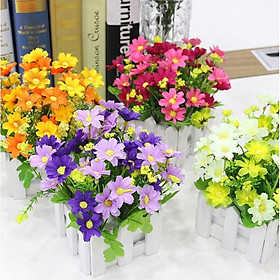 Hoa lụa, giỏ hoa cúc dại xinh tươi cắm sẵn hàng rào gỗ trang trí bàn học, bàn làm việc, kệ tủ 10cm