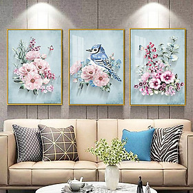 Bộ 3 Tranh Decor Phòng Khách - Tranh Canvas 3 Bức Chim Và Hoa Đẹp