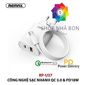 Bộ sạc nhanh cho IP công suất 18W Remax RP-U37 - Hàng chính hãng