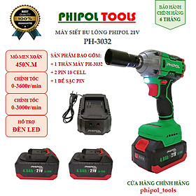 Combo Máy siết bu lông 21V động cơ không chổi than PHIPOL TOOLS PH3032 Kèm 2 pin và sạc - Hàng Chính Hãng