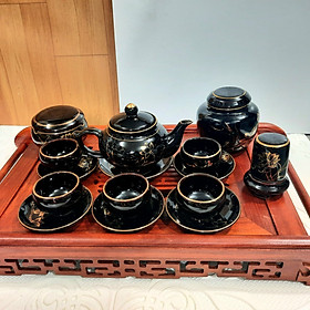Bộ ấm trà men hỏa biến đen vẽ sen vàng 24k gốm sứ Bát Tràng cao cấp