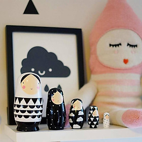 5Pcs Set Girl Wooden Stacking Toys, Matryoshka Russian Nesting Dolls for Girls Boys, Hand Painted Figurine, Christmas Gifts, Black and White