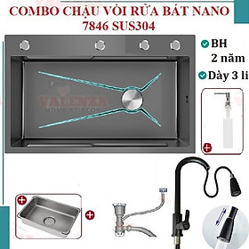 Combo chậu rửa chén bát 1 hố lớn Valenza size 7846 sus304 nano đen kháng khuẩn kèm vòi rửa bát rút dây Valenza sus304, bộ xả to ngăn mùi, khay inox kín-TẶNG BÌNH NƯỚC RỬA CHÉN
